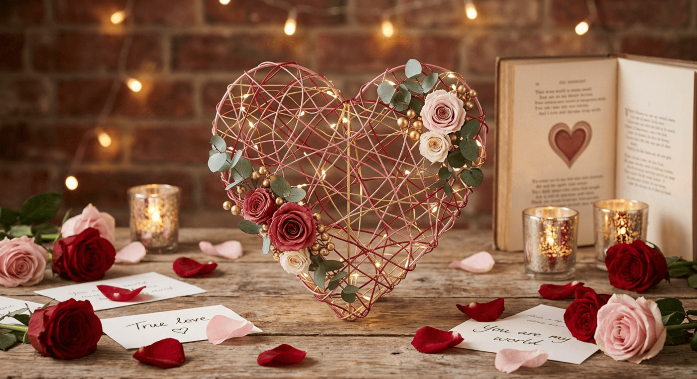 Decorative wire heart with roses, candles, love notes, and rose petals on a wooden table