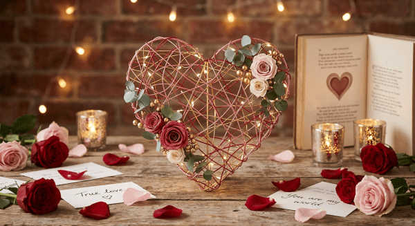 Decorative wire heart with roses, candles, love notes, and rose petals on a wooden table